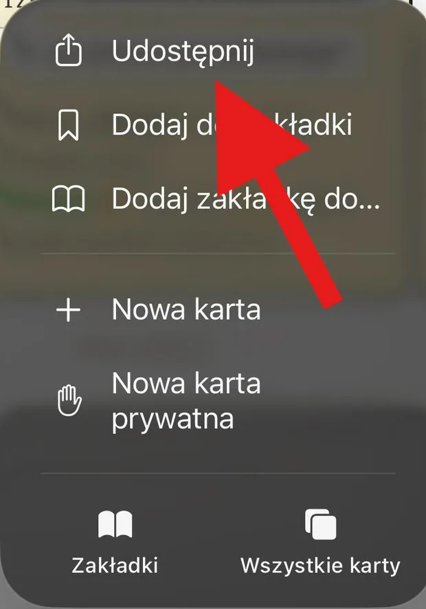 Krok 2: pozycja Udostępnij w menu